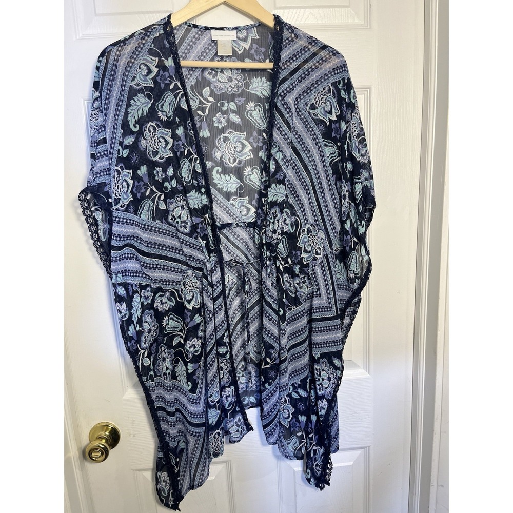New York & Company Blue Floral Boho Kimono Cardigan Sheer Open Lace Trim S/M